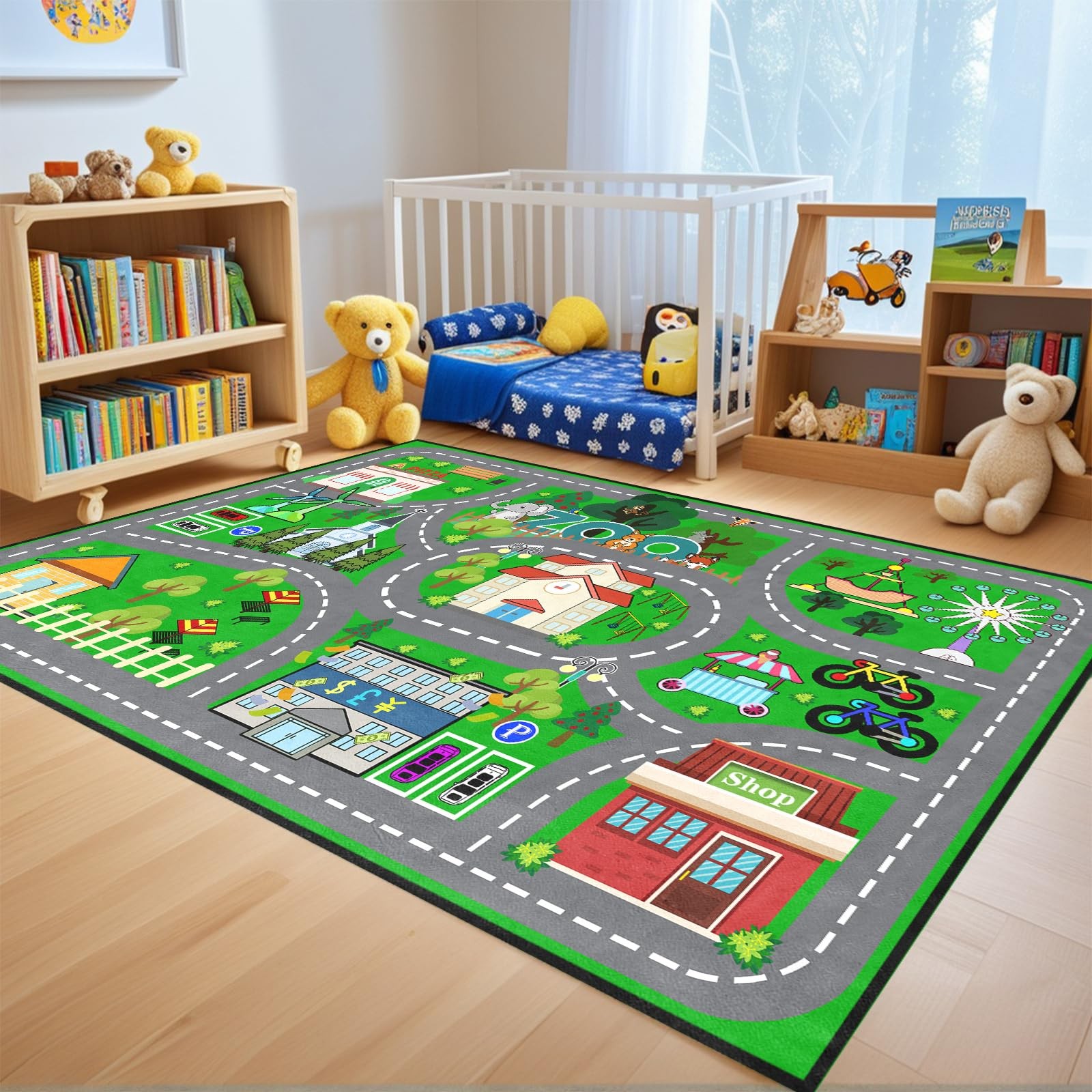 Car Rug Play Mat – Green Road Rug for Kids Boys Room, Fun Race Track Traffic …