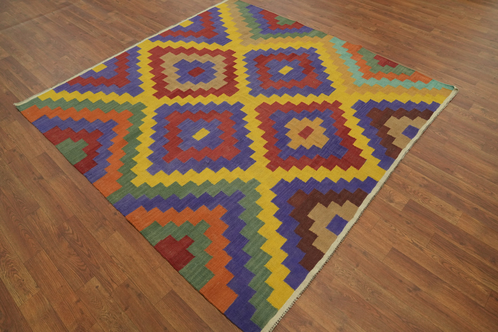 Pastel Color Hand-woven Geometric Wool Kilim Square Rug Reversible Carpet 6×6