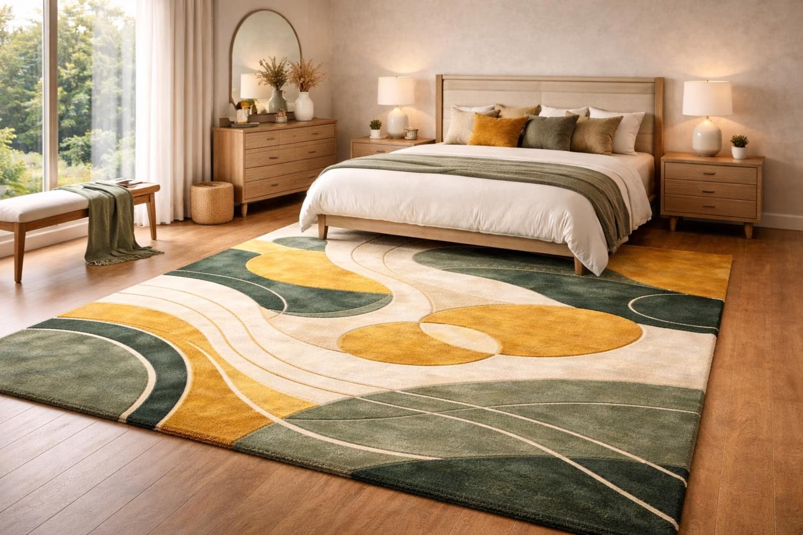 Handmade Hand-Tufted Green Mustard Geometric Wool Rug, Modern Area Rug Carpet.