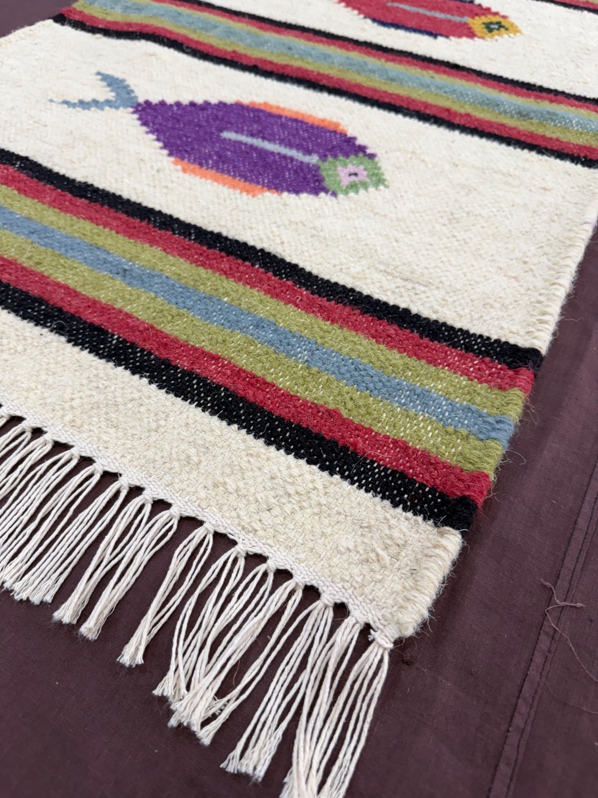 Hand Woven Wool Rug 2×3 Cream Tribal Fish Folk Art Striped Small Kilim for Kids