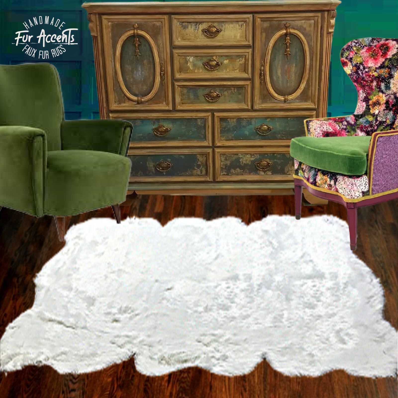 Random Edge Pelt Rug, Large White Shag Area Carpet, Room Size, Handmade 8′ x 10′