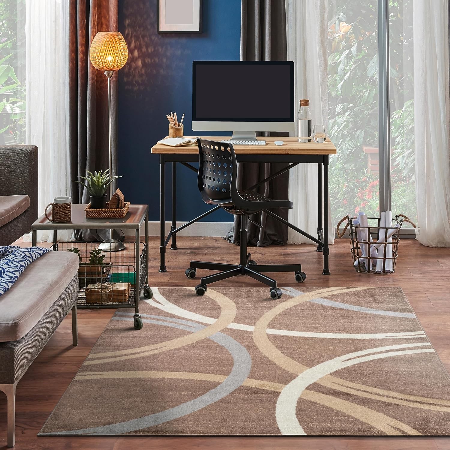 Modern Wavy Circles Design Square Rug Non-Shedding Carpet for Living Room