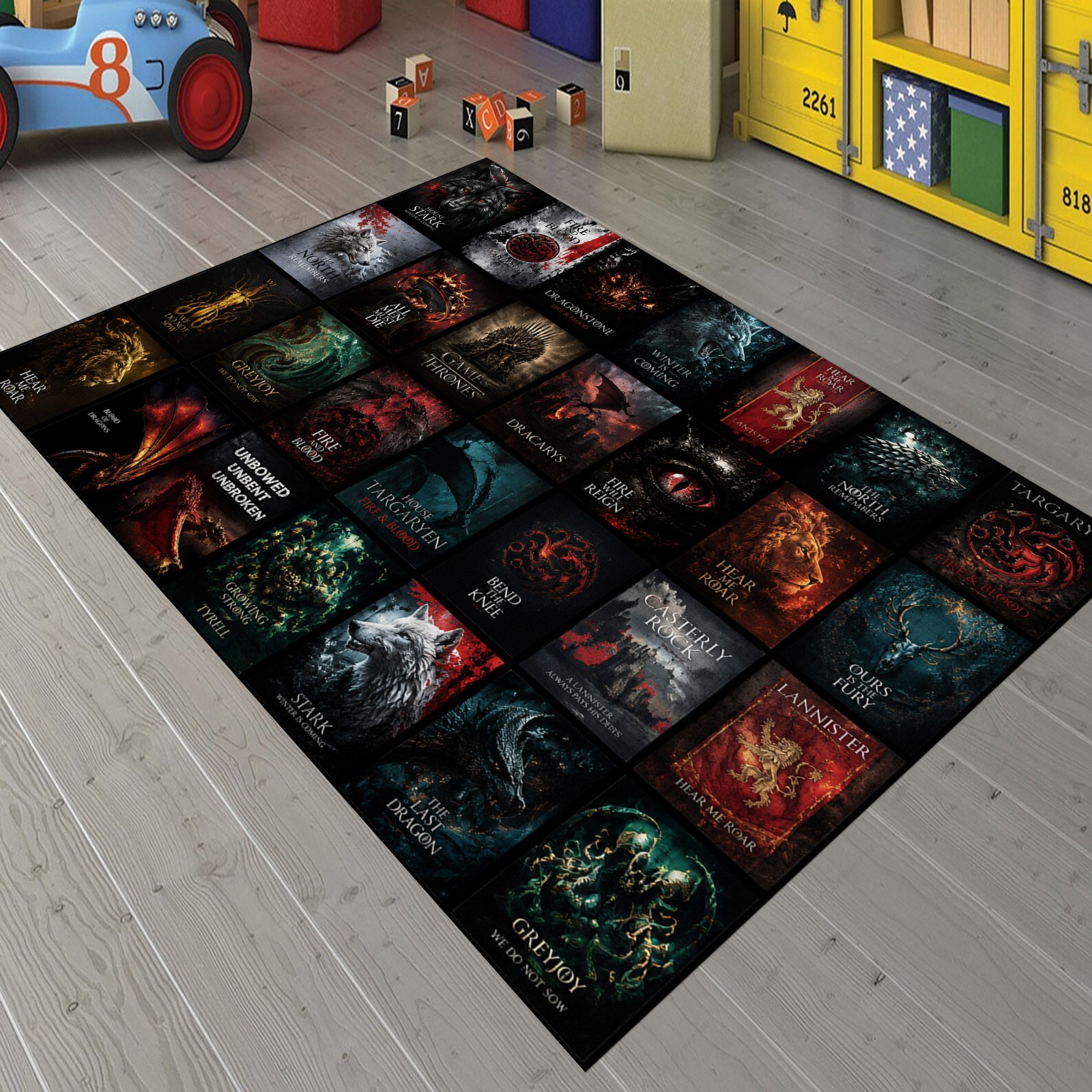 Fantasy Dragon Rug, Dark Medieval Collage Rugs, Black Red Emblems, Decor Rugs