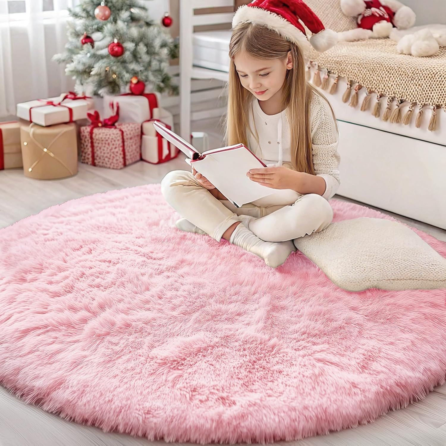 Pink Round Rugs for Bedroom – Machine Washable, 4 ft Circle Area Rugs for Living