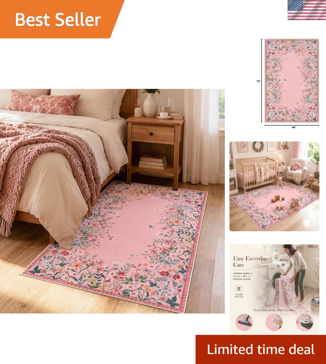 Soft & Stylish 4×6 Pink Floral Area Rug – Ideal for Kids’ Bedrooms & Nurseries