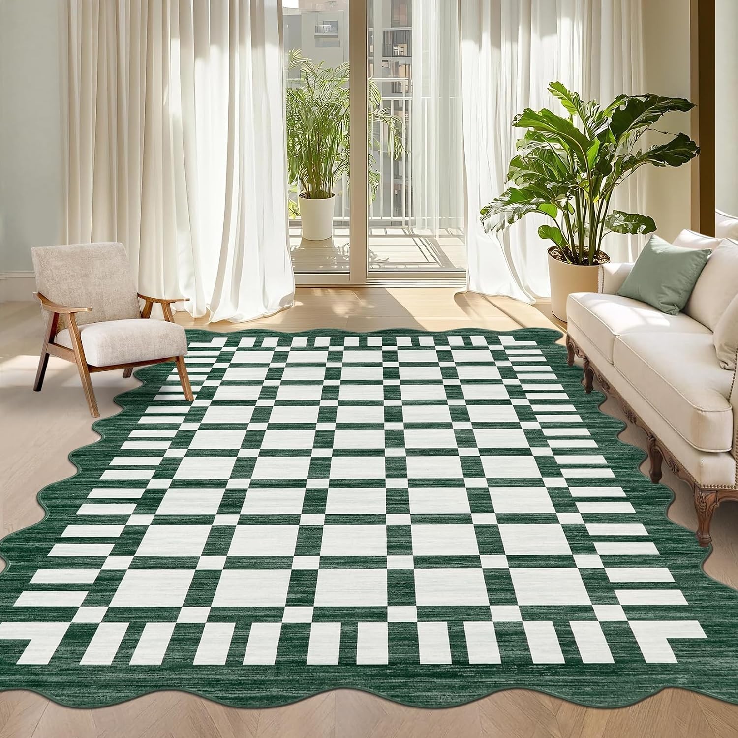 Garvee Scalloped Checkered 5×7 Area Rug Washable Non Slip Living Dining Bedroom