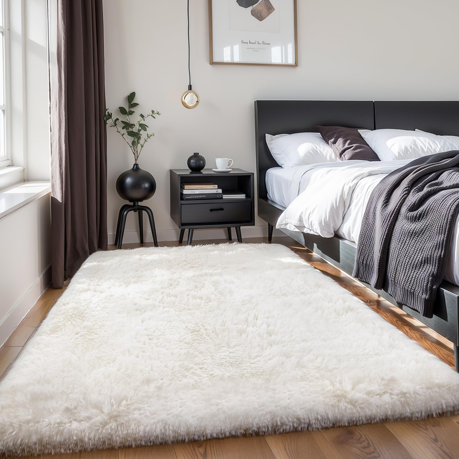 Thick Area Rug 4×6 Cream White Fluffy Shag for Bedroom, Soft Washable Fuzzy S…