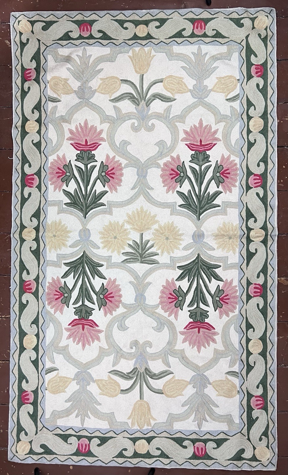 VTG Floral Needle Point Chain Stitch Rug Area Rug India Art Deco 4.7′ x 2.8′