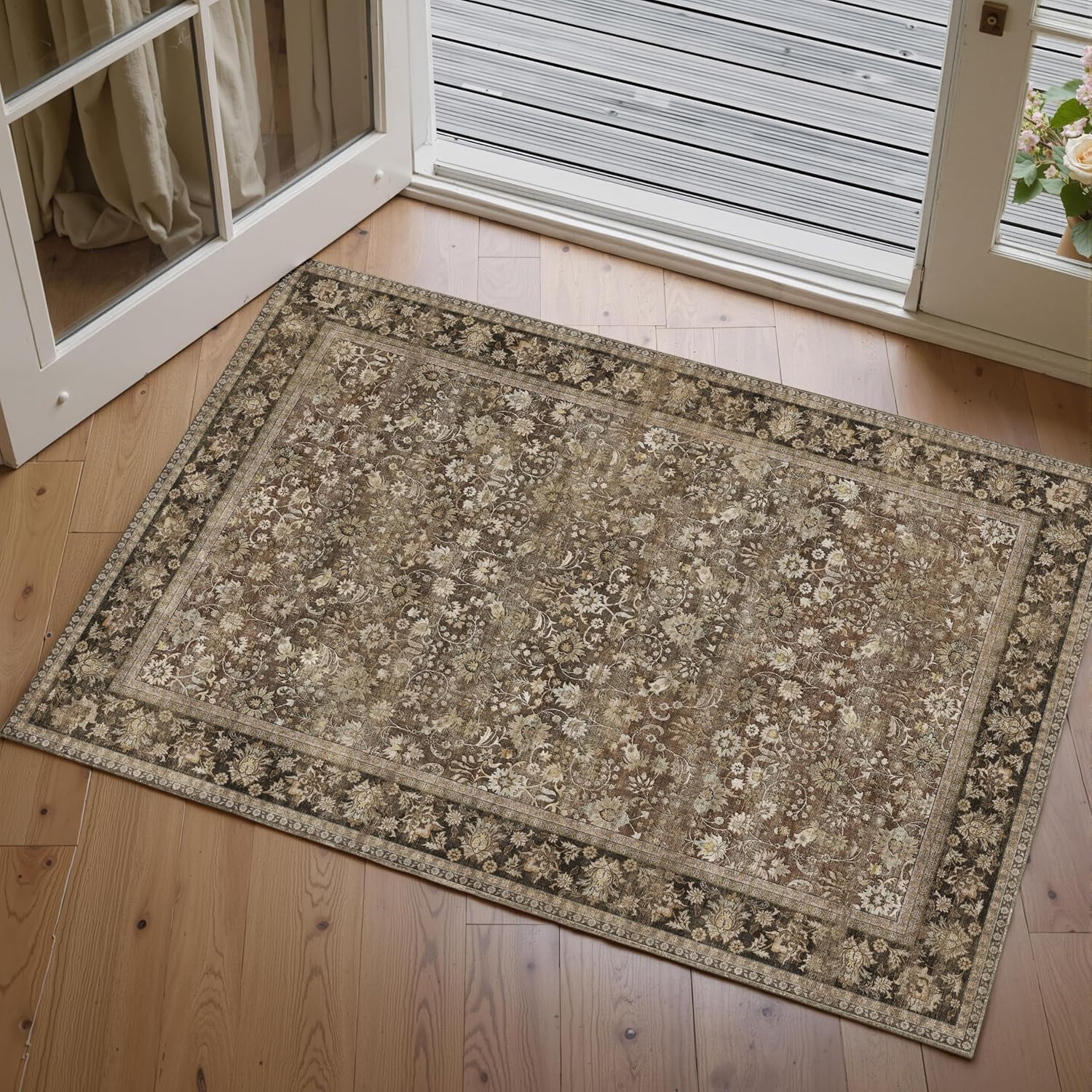 2X3 Brown Vintage Floral Washable Area Rug for Entryway | Low Pile, Non Slip, Re