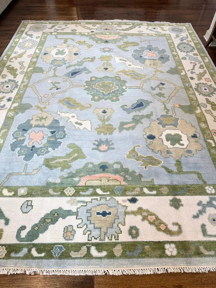 Green Blue Hand Knotted Oushak Rug Turkish Wool Area Carpet For Living Room 9×12
