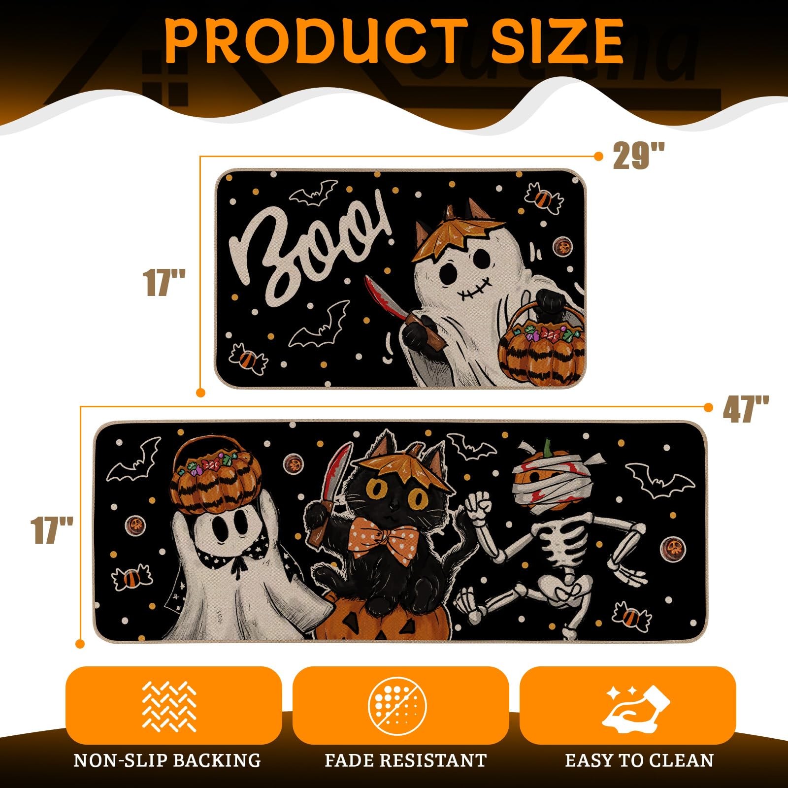 Boo Black Cat Skeleton Pumpkin Kitchen Rugs Set of 2 17×29&17×47 Inch,