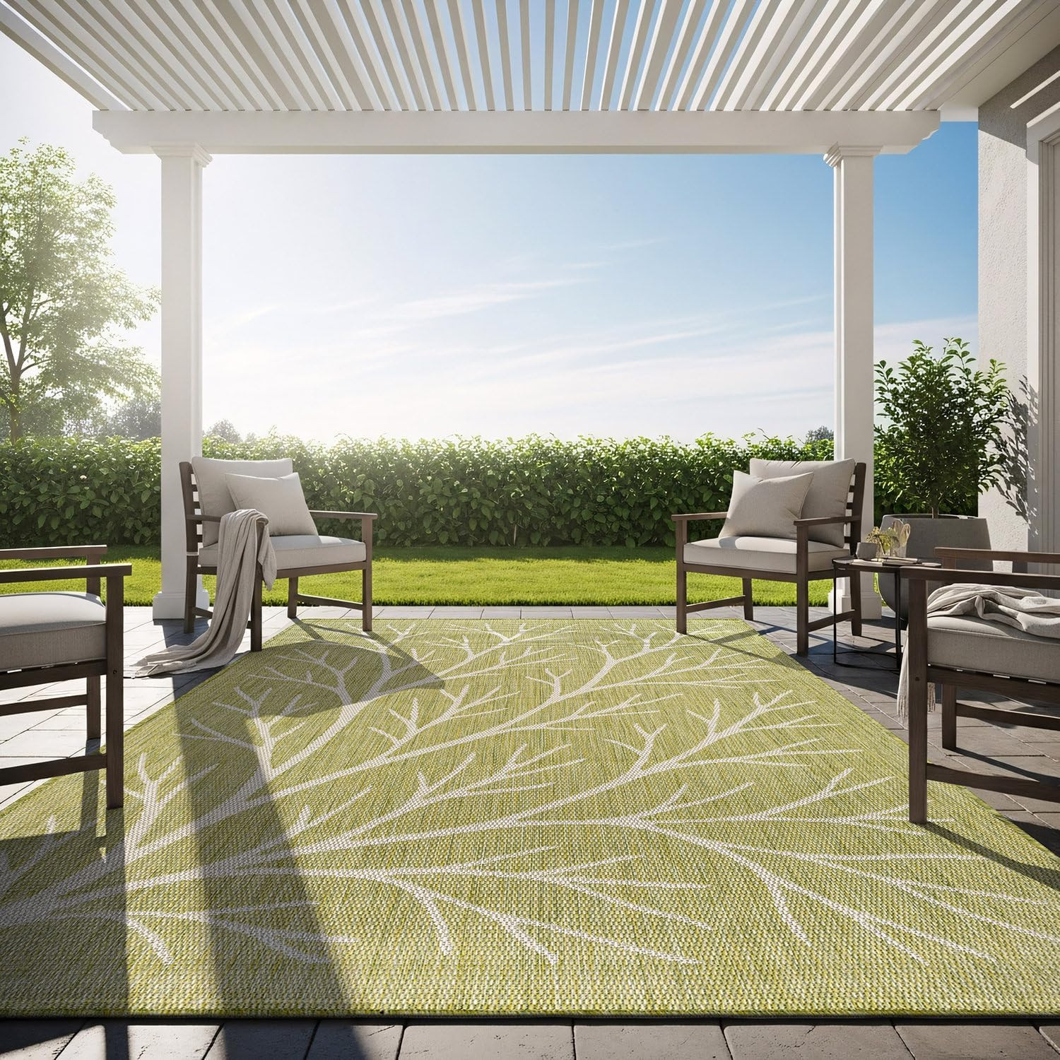 Olive 9×12 Washable Indoor Outdoor Rug – Modern Branch Pattern, Easy Clean