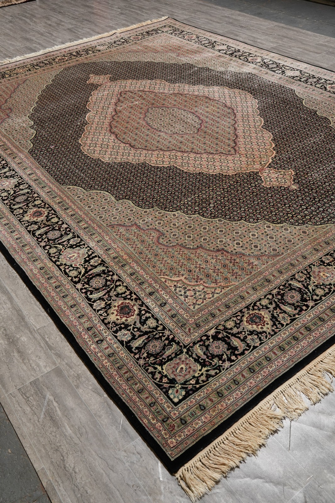 8.10 x 11.10 Black Fine Quality Wool and Silk Tabriiz Mahii Handmade Rug #F-4451