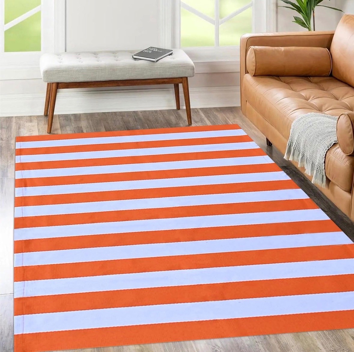 Bottalive Fall Decor Orange Striped Rug, 4′ x 6′ Cotton Reversible Foldable Wash