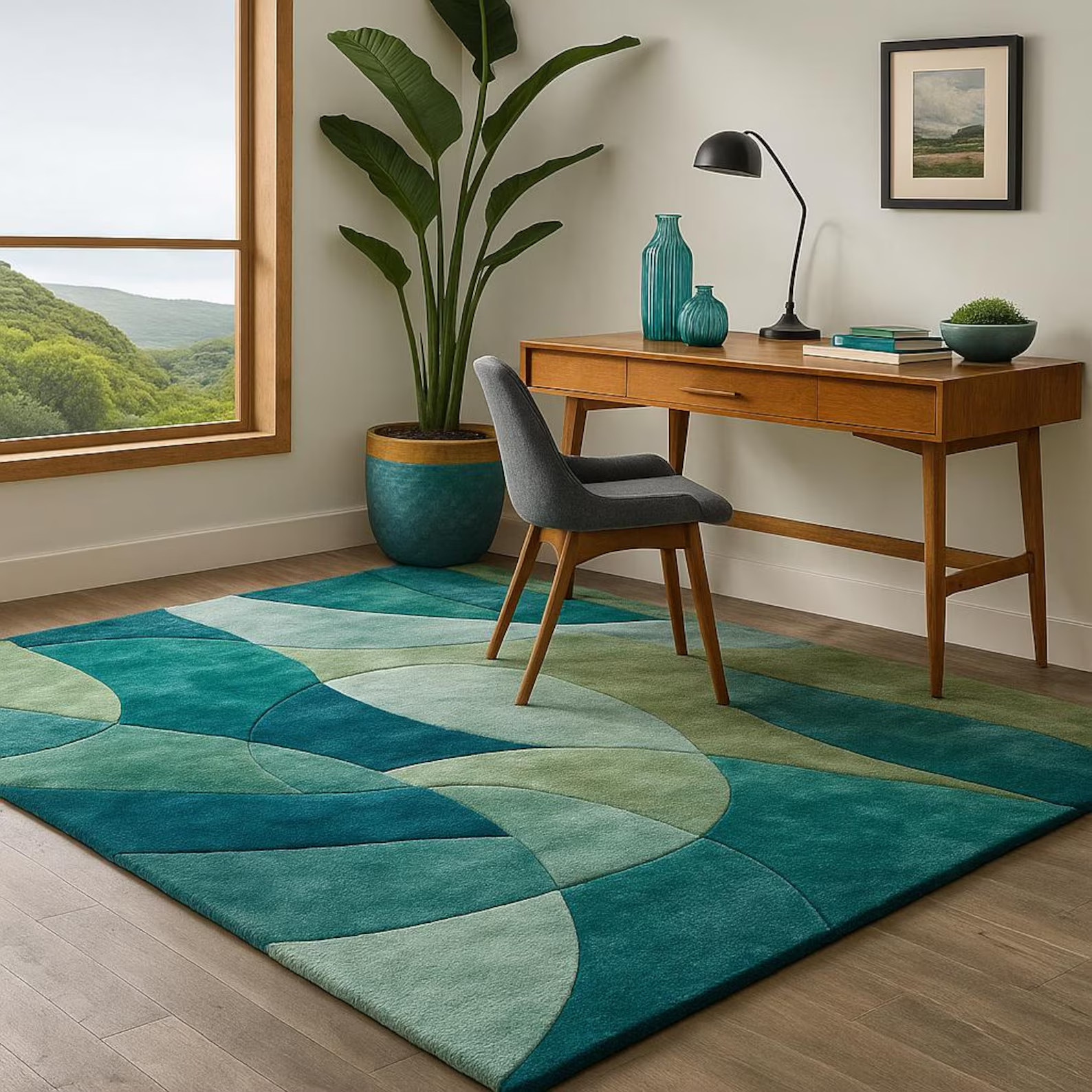Modern Abstract Hand Tufted Rug, Teal Green Geometric Area Rug, Scandinavian