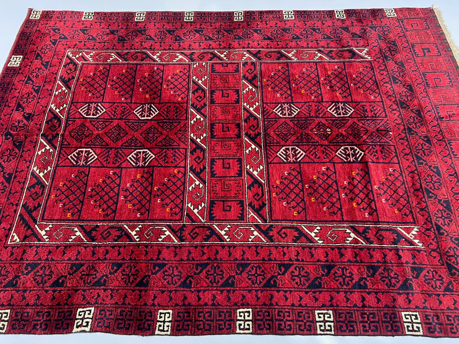 5×7 Turkoman Rug Hand-Knotted Afghan Wool Carpet with Tribal Compartment Design