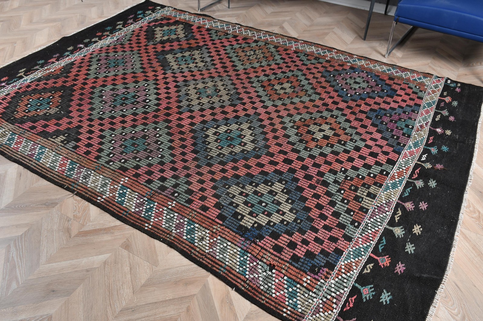 Vintage Rug, 6,5×9,1 ft Large Turkish Rug, Kilim Black Red Oriental Rug