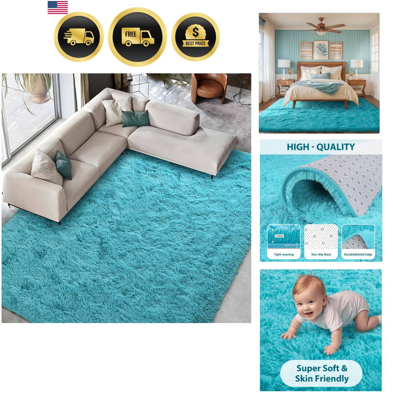 Blue Area Rug 9×12 Feet Plush Shaggy Non Slip Bedroom Living Room Decor