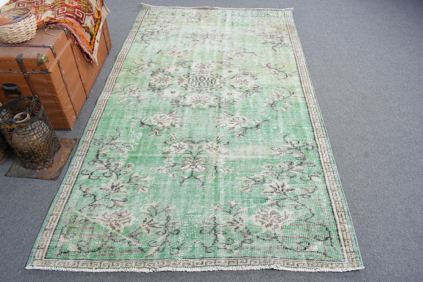 Turkish Area Rug, 4,5×8,1 ft Vintage Rug, Green Floral Wool Rug