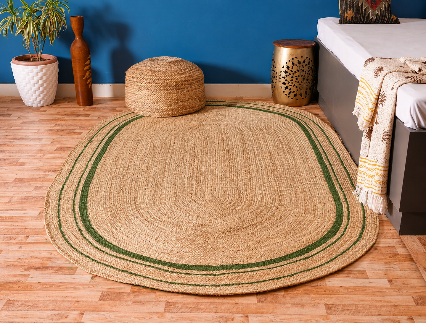 Oval Area Rug 100% Natural Jute Handmade Green Stripe Boho Floor Carpet Decor