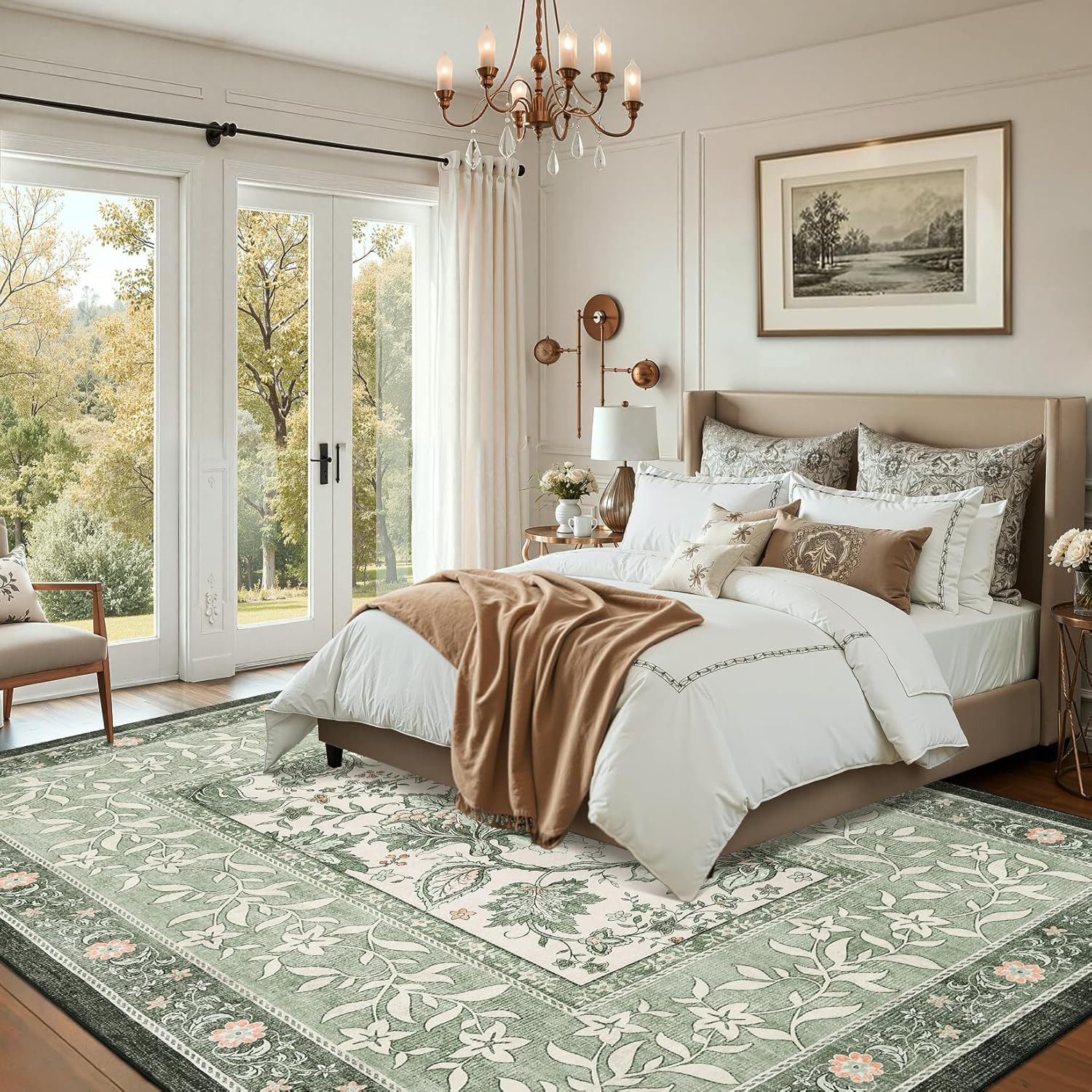 Botanical Grove Sage Green 9×12 Washable Area Rug for Living Room & Bedroom