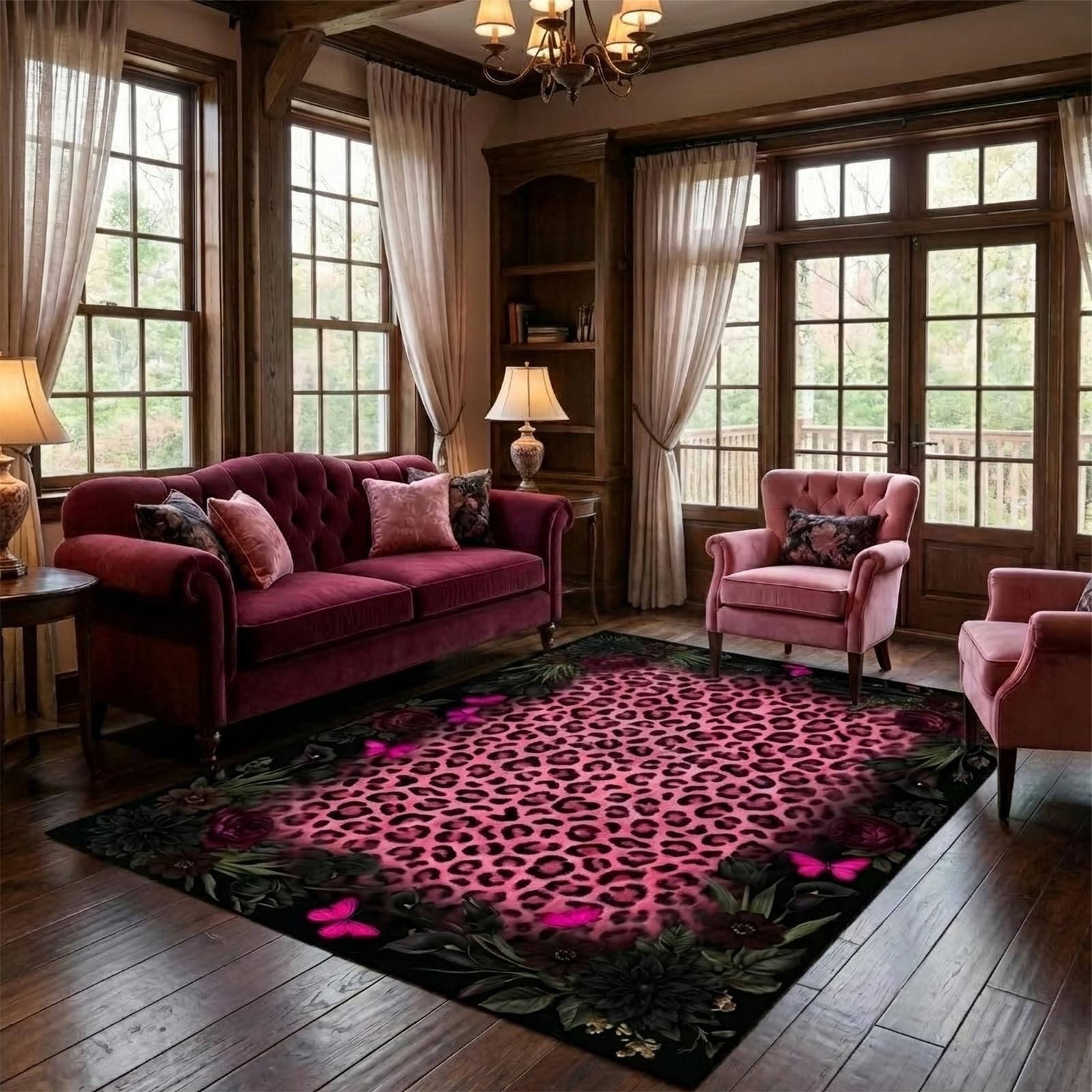 Hot Pink Leopard Print Area Rug with Floral Border, Washable Non-Slip Carpet
