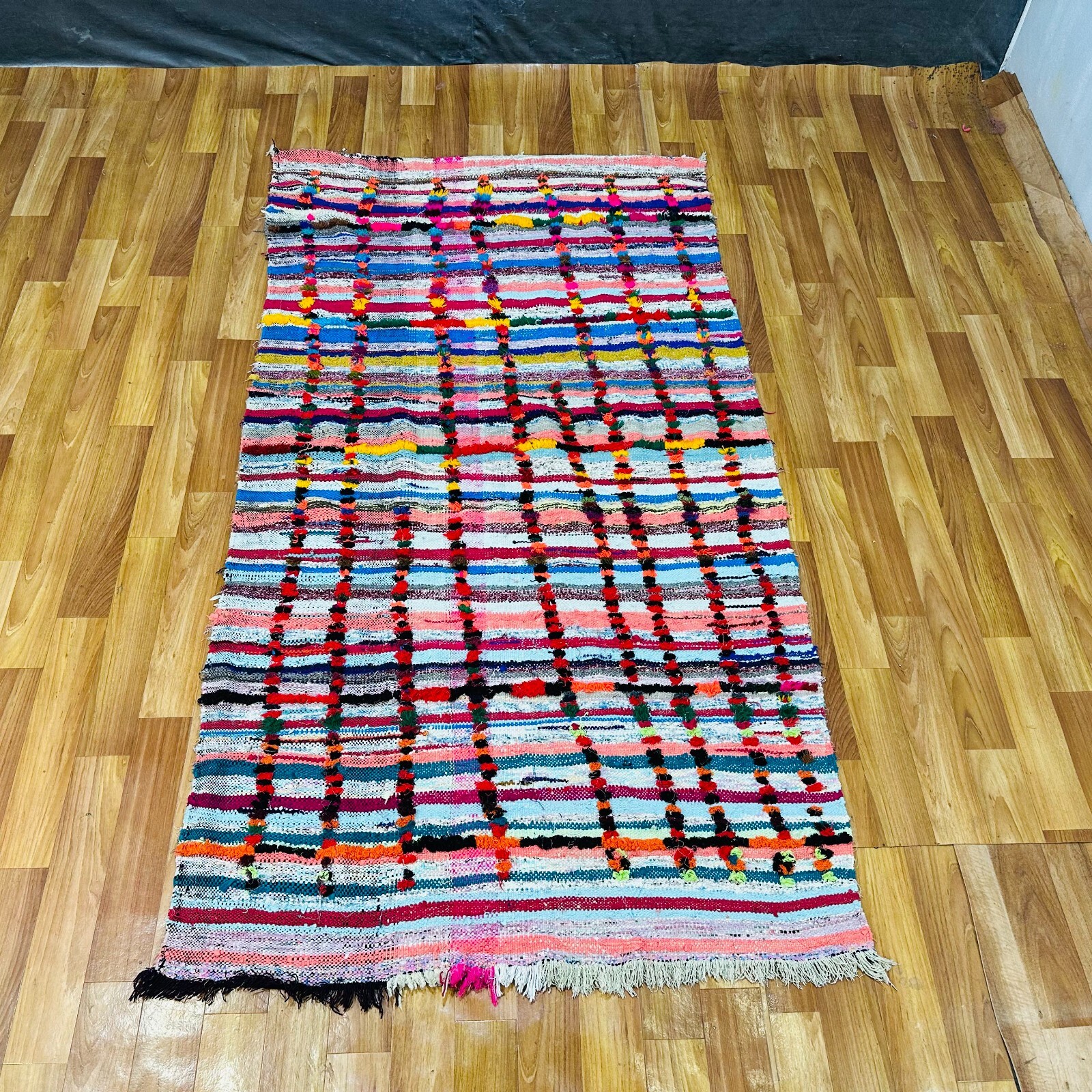 Vintage Moroccan Boucherouite Rug 3.9×7 ft Handwoven Colorful Shag Carpet Boho