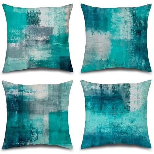 Teal and Gray Throw Pillow Covers,Set 16″ x 16″ (Pack of 4) Teals & Turquoise