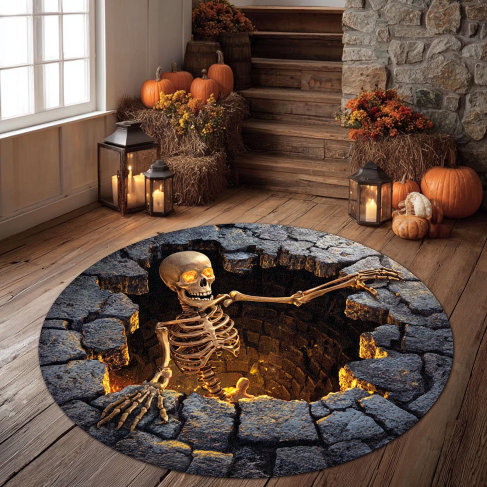2D Flat Halloween Skeleton Round Rug Spooky Carpet Haunted House Party Decoratio