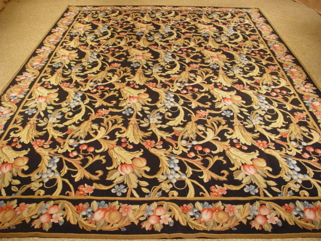 Needlepoint Black Flat-Woven 9′ x 12′ All-Over Floral English Garden Rug