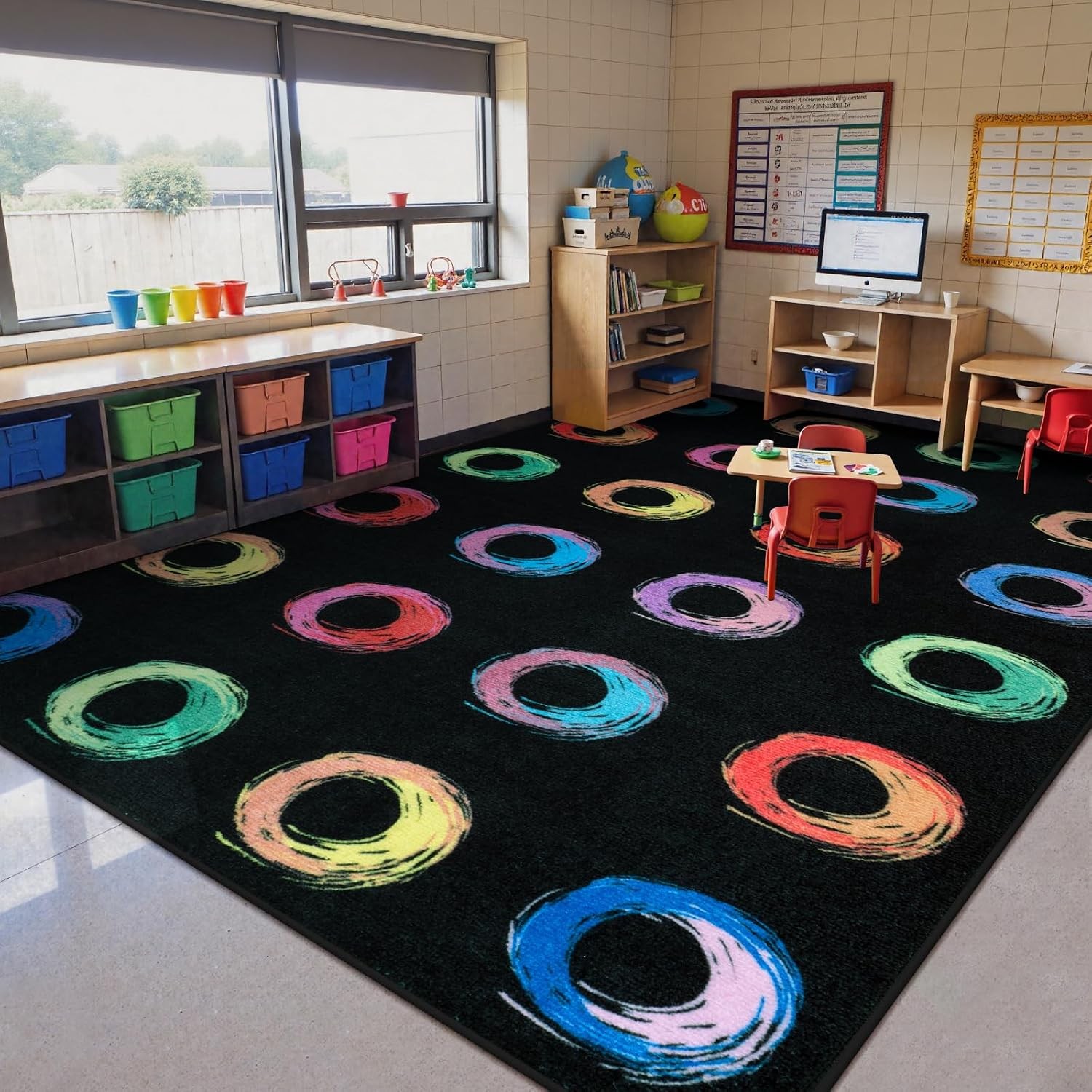 Educational Large Carpet Classroom Rug for Kids Room, 6×8.4 Abstract Black Area