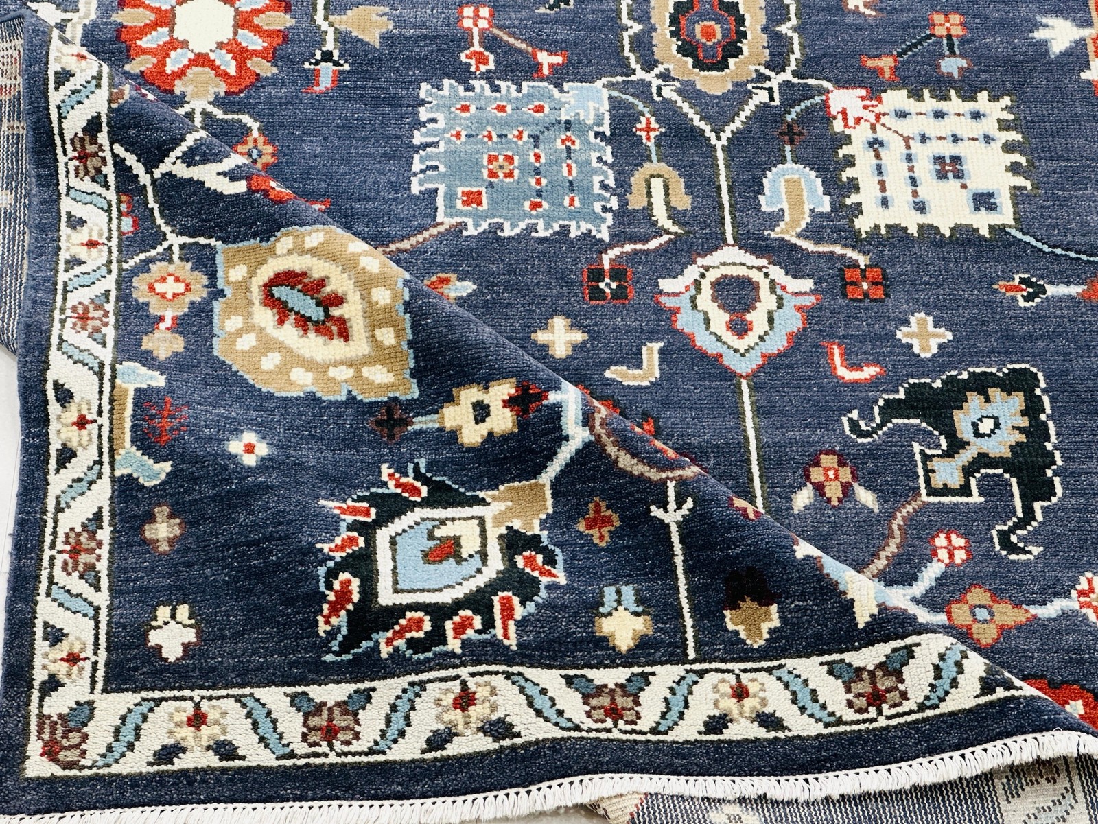 8×10 ft Hand-Knotted Wool Area Rug, Oushak Navy Blue Floral Design Carpet