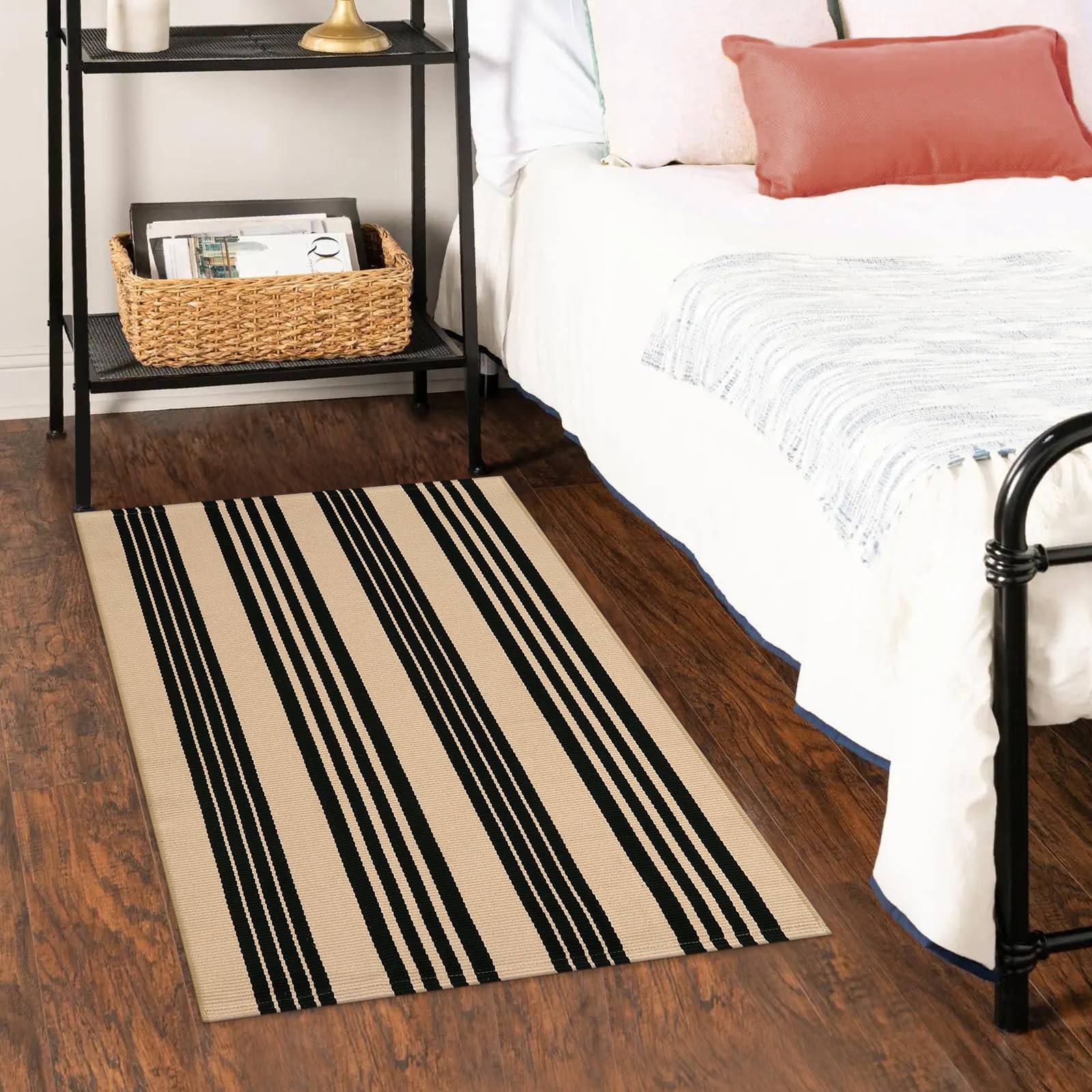 Black and Khaki Striped Rugs 2.3’x3.6′, Washable Hand Woven Front Door Rug, R…