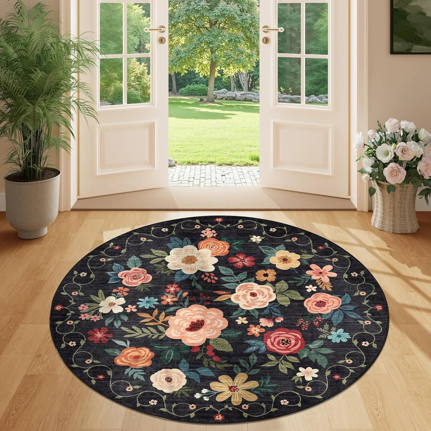 4ft Round Rug, Floral Washable Small Round Area Rug Non Slip, Black | Soft, Low