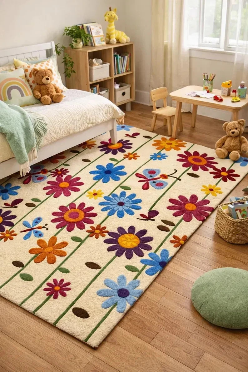 Hand Tufted 100% Wool Floral Rug, Colorful Daisy & Butterfly Pattern, Kids Room