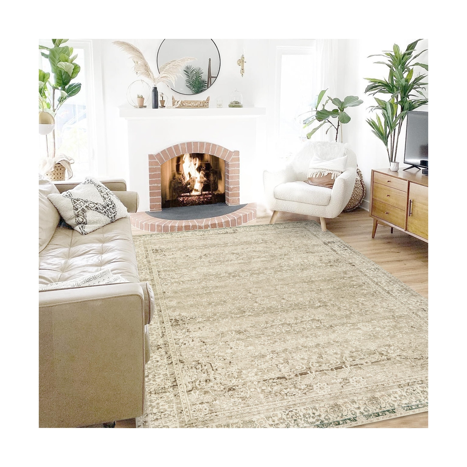 Cream Beige Boho Floral Wool Area Rugs,8×10 Bundle Light Tan Brown Modern Boh…