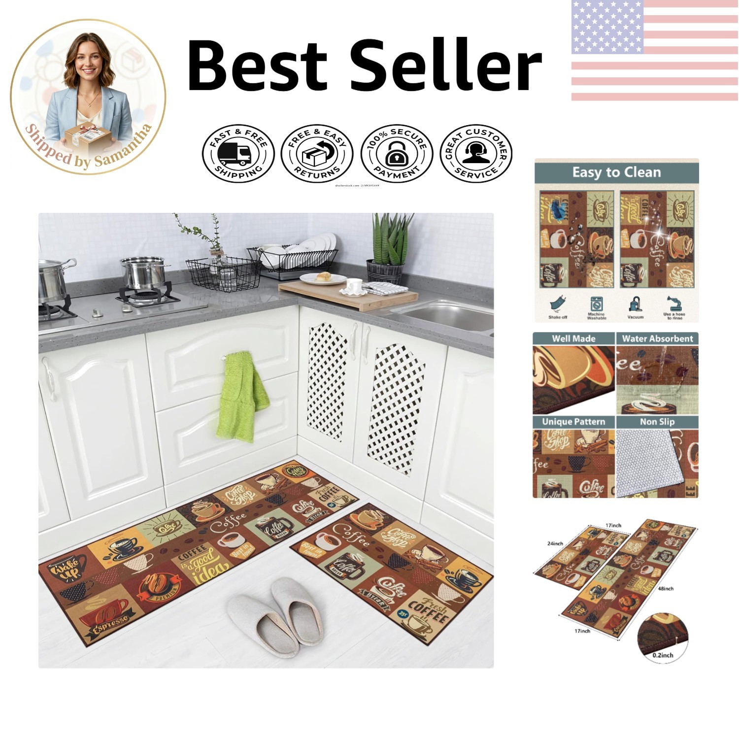 STYLISH Non-Slip Kitchen Mats Set: 17″x48″ & 17″x24″, Easy-Care for Busy Homes