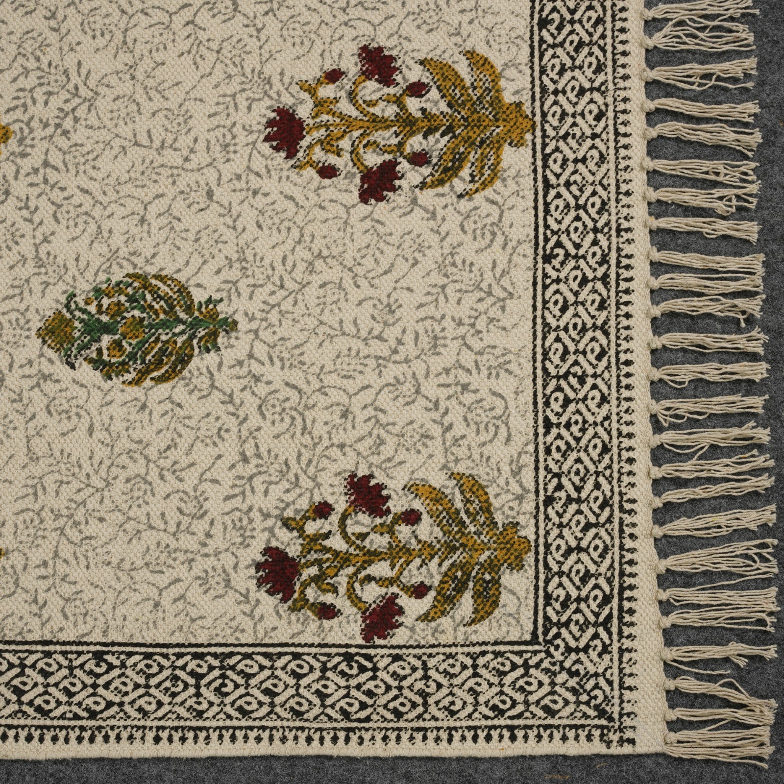 Hand Block Printed Cotton Area Rug 4×6 Floral Boho Farmhouse Fringe Carpet