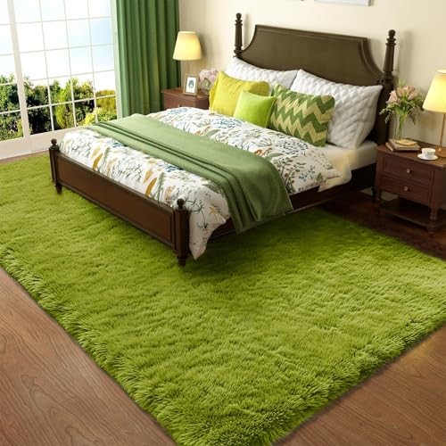 Ophanie Green Rug Grass Area Rugs for Bedroom, 4×6 Shag Fluffy Carpet, Fuzzy