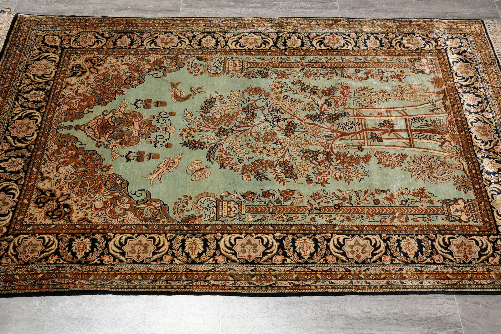 3.7 x 5.9 Green Silk Rug Perrsian Quum Carpet #LA-53273