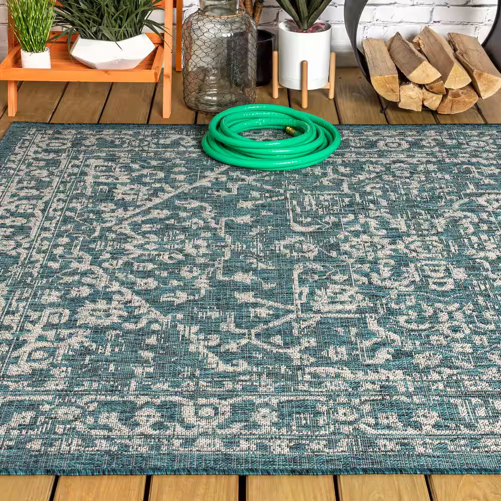 Malta Bohemian Medallion Teal/Gray 5 Ft. 3 In. X 7 Ft. 7 In. Textured Weave Indo