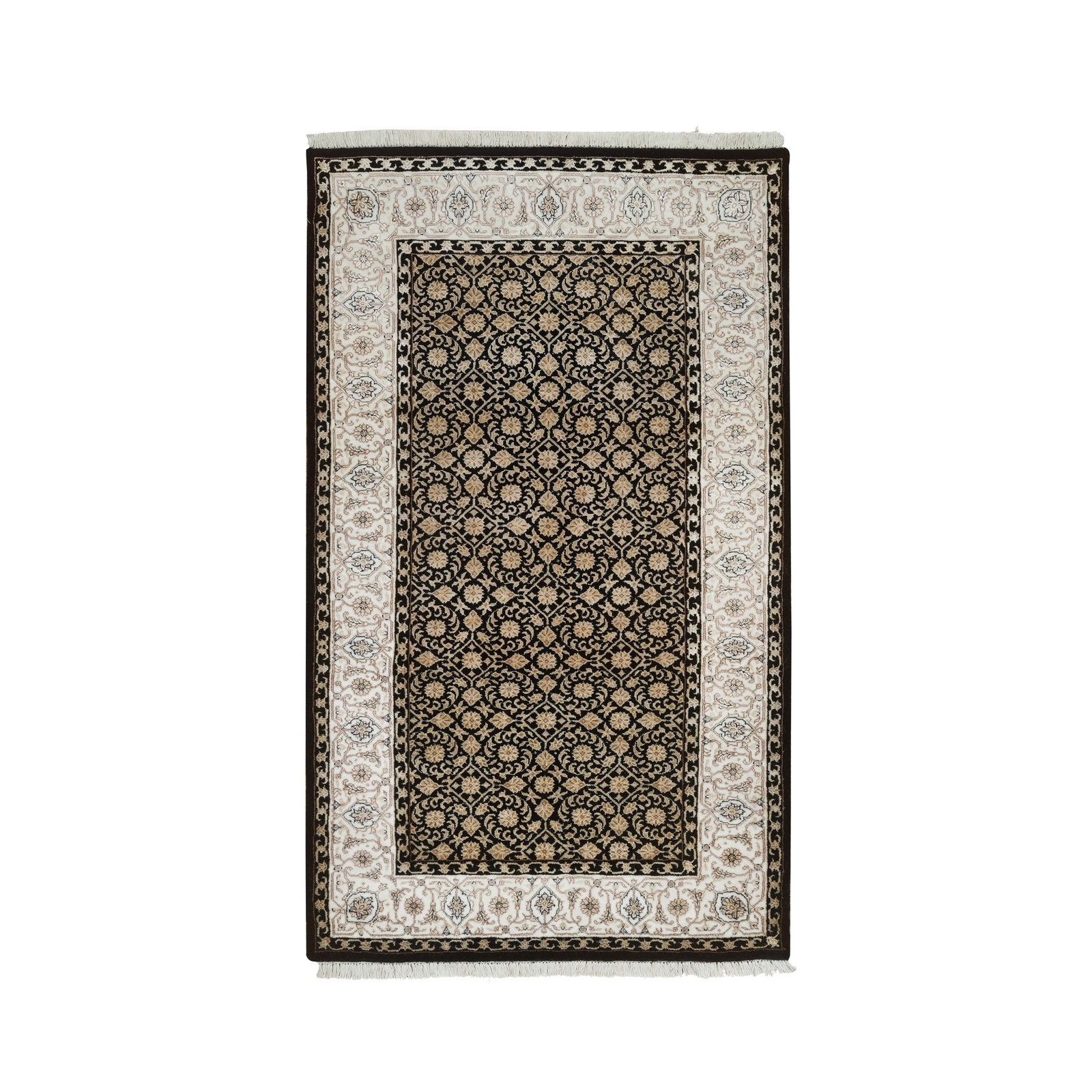 3’1″x5’5″ Black 250 KPSI Organic Wool Hand Knotted Herrita Design Rug R65312