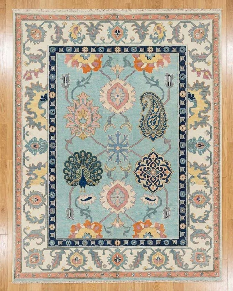Handmade Wool Oushak Rug 9×12, Turkish Peacock Floral Design, Pastel Colors