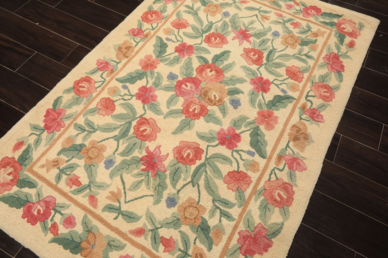 4×6 Hand Hooked Wool Ivory Transitional Floral Handmade Vintage Rug