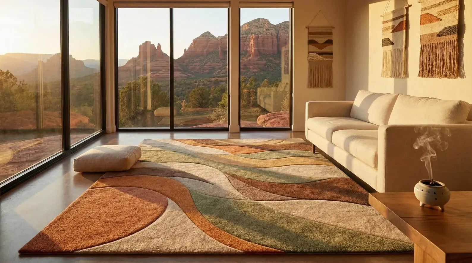Modern Abstract Hand Tufted in Sage Green Terracotta & Beige, High Low Area Rug