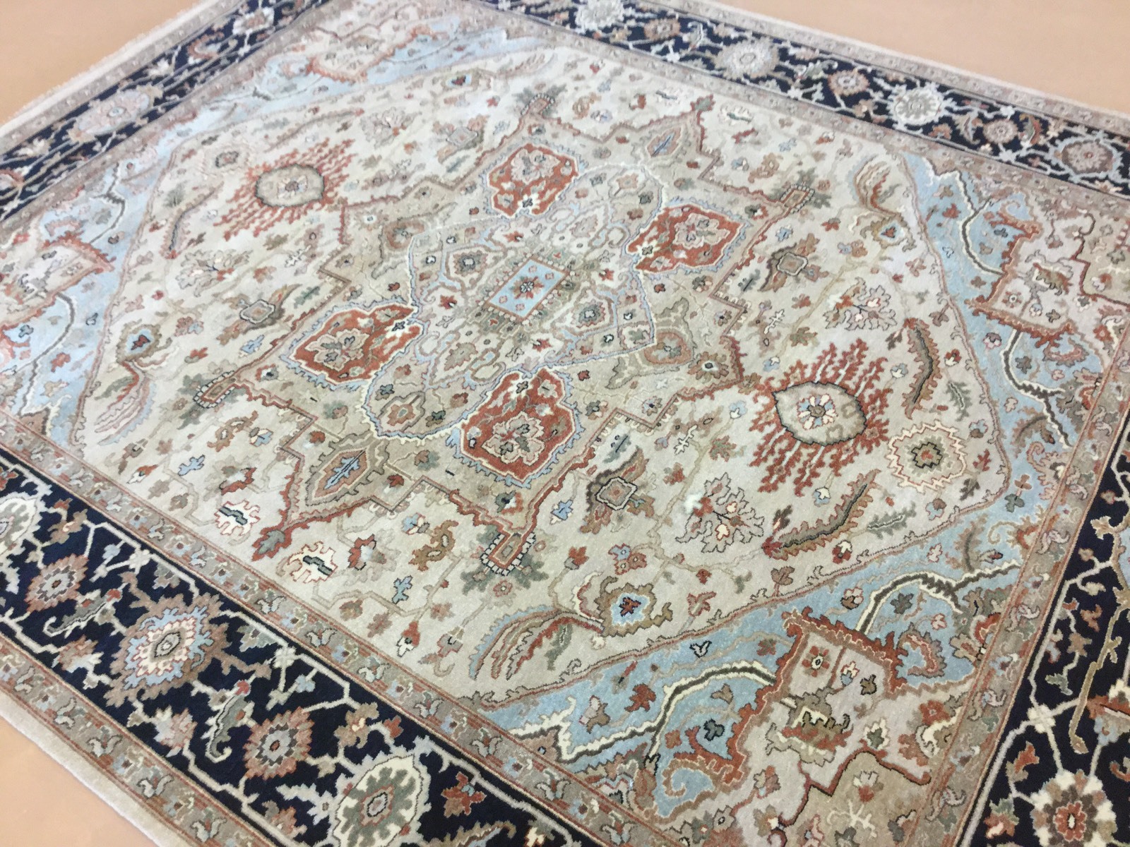 8′ X 10′ Brown Navy Blue Very Fine Quality Geometric Oriental Rug Hand Knotted