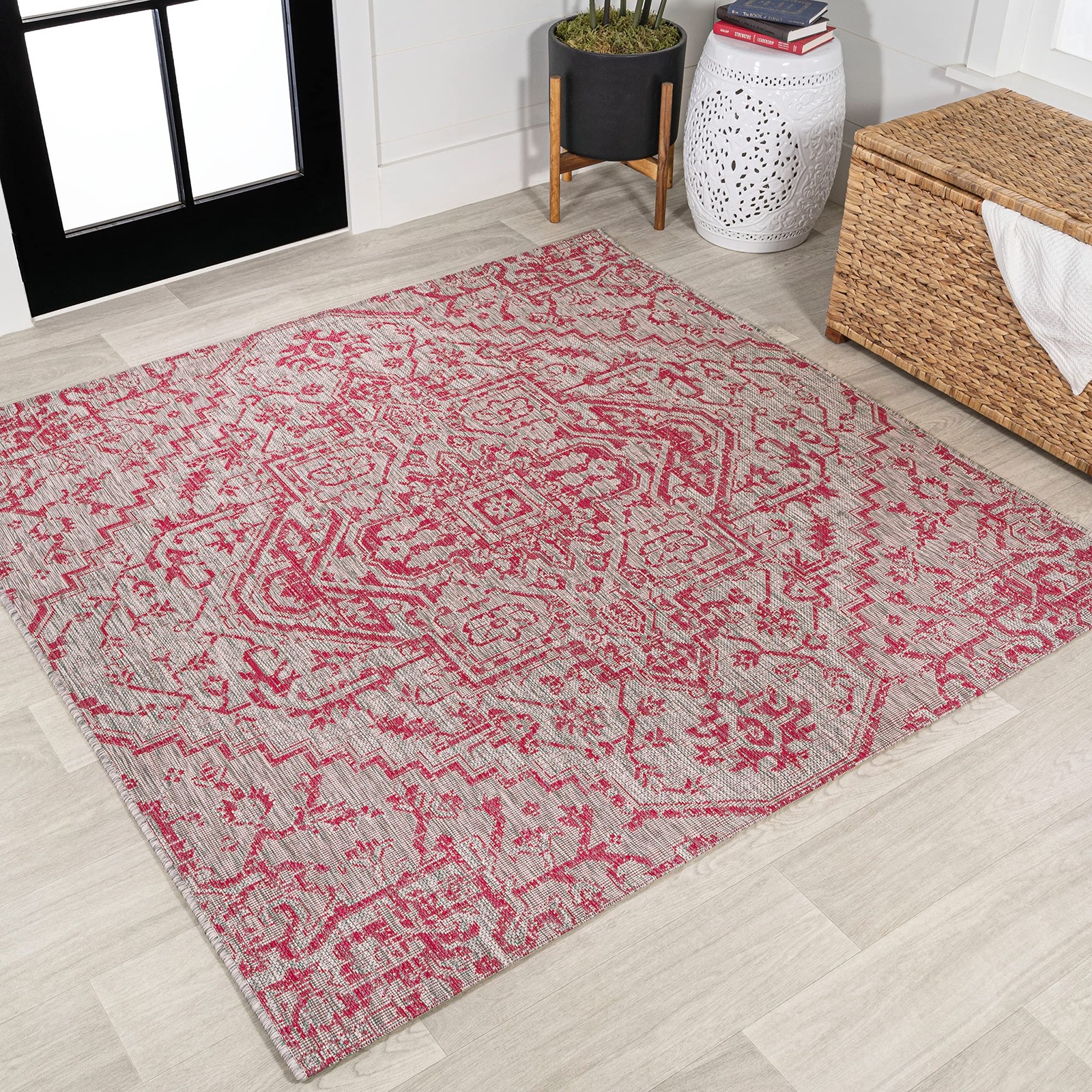 Light Gray Fuchsia Square Rug 53 Indoor Outdoor Durable Pet Friendly Style