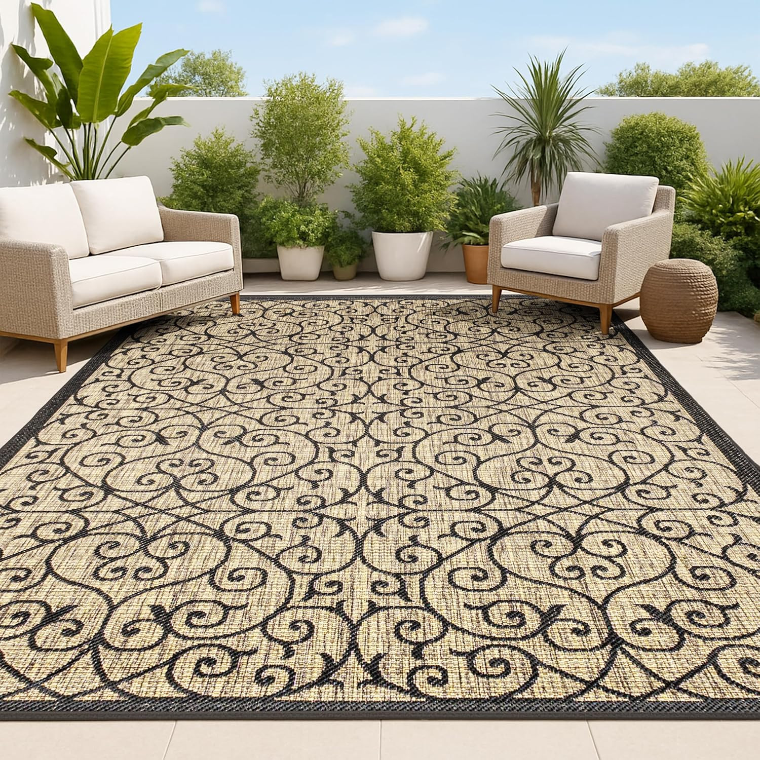 Vintage Filigree 8×10 Area Rug – Black/Khaki, Easy-Clean, Pet-Friendly