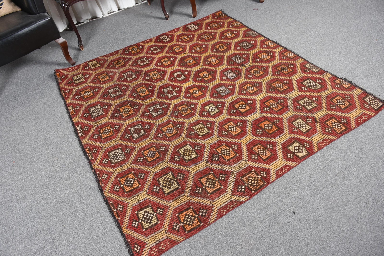 Turkish Kilim Area Rug 5,7×5,2 ft (173×159 cm), Vintage Red Ikat Rug