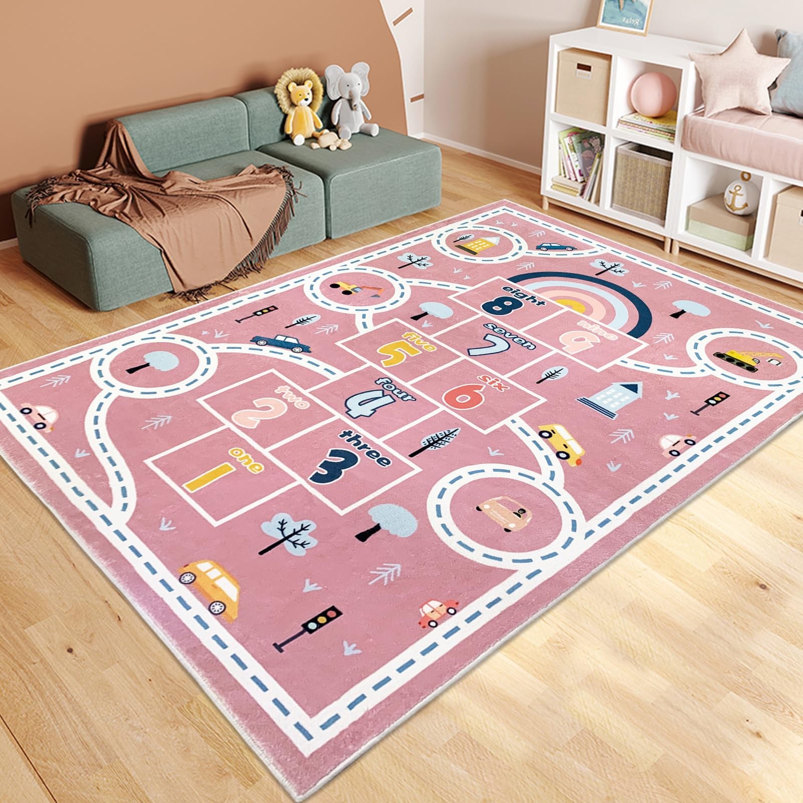 Kids Play Mat Hopscotch Car Area Rug 5.2×7.9ft Pink – Soft Educational Learning